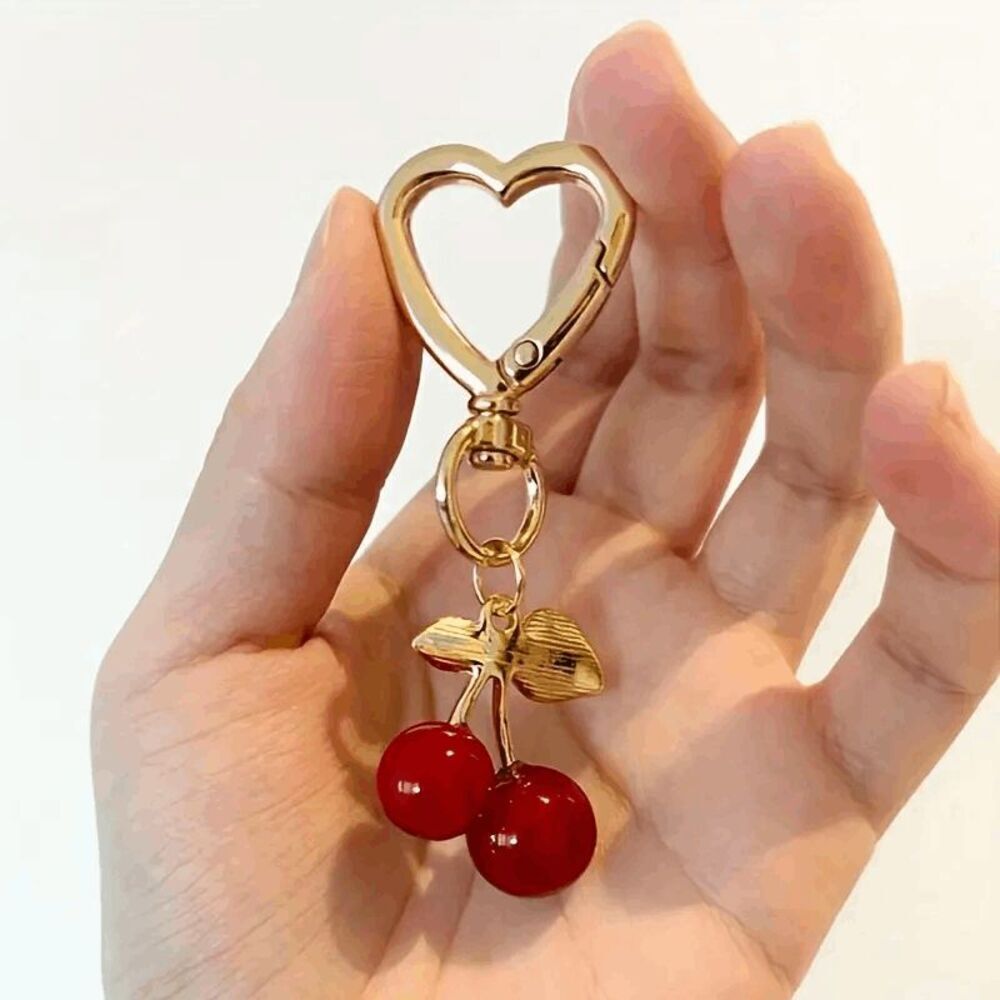 Cherry Red Gold Heart Keychain Bag Pendant Charm